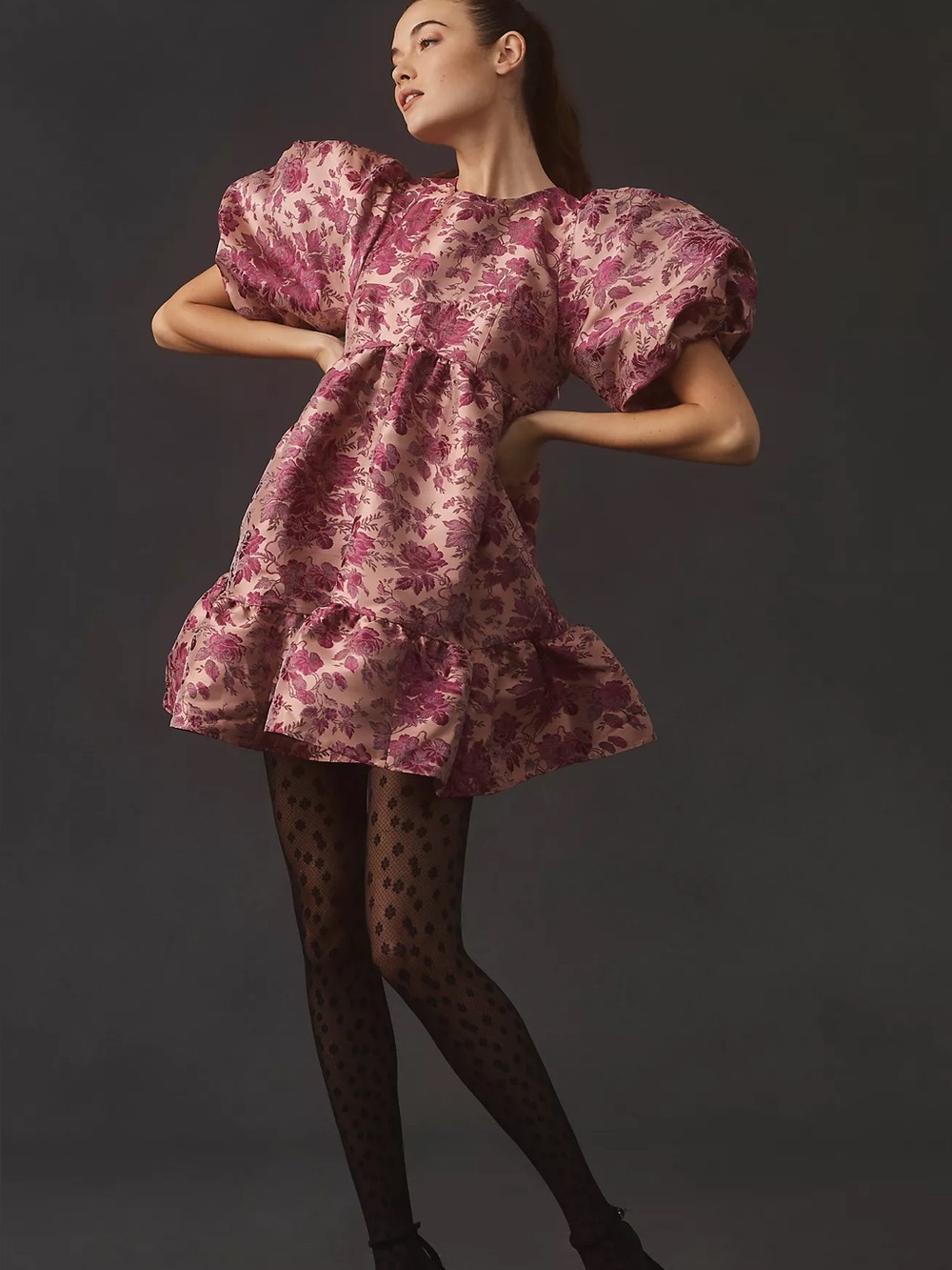 By Anthropologie Puff Short-Sleeve Babydoll Mini Dress Pink Floral Medium